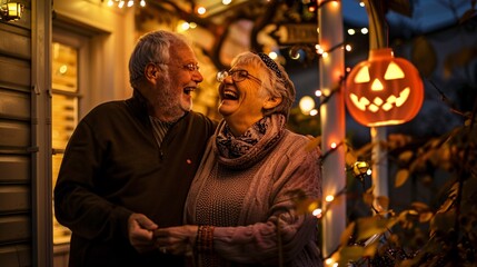 An older couple laughing together while decorating their porch with Halloween lights