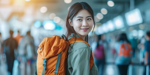 Smiling, charming Asian female traveler with backpack in contemporary airport terminal, blank area. Idea of tourism travel adventure. - obrazy, fototapety, plakaty