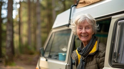 An elderly woman smiling as she prepares her camper van for a camping trip in the wilderness with a scenic forest background
