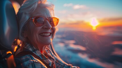 An elderly woman smiling as she boards a plane for a solo travel adventure to exotic destinations with a vibrant sunset sky background  - obrazy, fototapety, plakaty