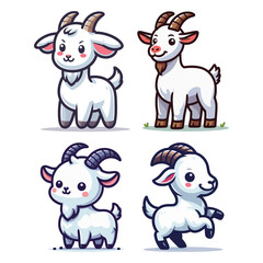 Obraz premium Set of cute goat full body cartoon mascot character vector illustration, funny adorable farm pet animal goat design template isolated on white background