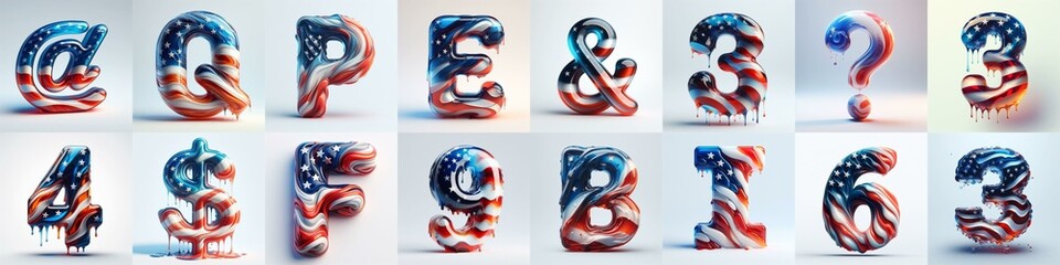 glass letters in color USA flag 3D Lettering Typeface. AI generated illustration