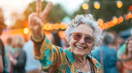 Senior woman smiling and holding up a peace sign while enjoying the music and positive vibes