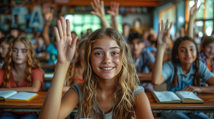 Smiling student in classroom with raised hands