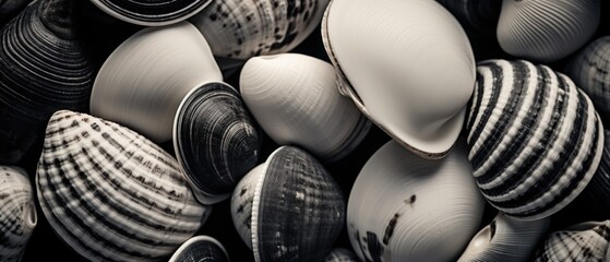 seashells on a black and white background. close up. Travel and vacation concept with copy space....