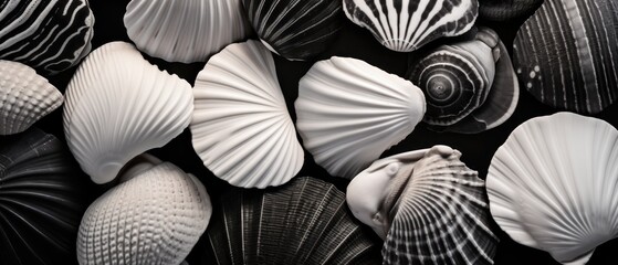 seashells on a black and white background. close up. Travel and vacation concept with copy space....