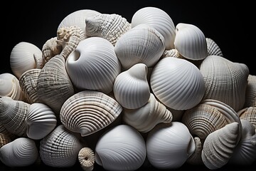 Seashells background. Close up view of sea shells. Travel and vacation concept with copy space. Spa Concept. - obrazy, fototapety, plakaty