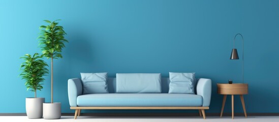 A contemporary living room featuring stylish blue walls complemented by a matching blue couch. The room exudes a modern and minimalist design with clean lines and a pop of color.