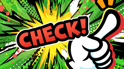 アメコミ風_手袋をした手で指差しのポーズをする背景_チェック_緑_16:9