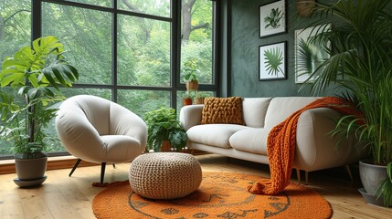 Vintage beige armchair and ottoman on the comfortable rug in modern living space with gray couch and retro decor. - obrazy, fototapety, plakaty