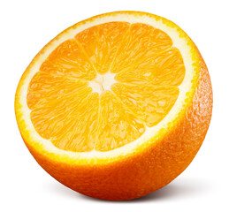 Orange half isolated. Round orange slice on white background. Cut orang fruit with clipping path. Isolated white. Full depth of field. - 748109118