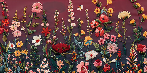 Nostalgia retro design floral wallpaper embroidered image of wildflowers with a red vignette background vintage embroidery