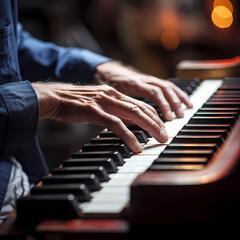 Fototapeta na wymiar Close-up of a musicians hands playing a piano. 