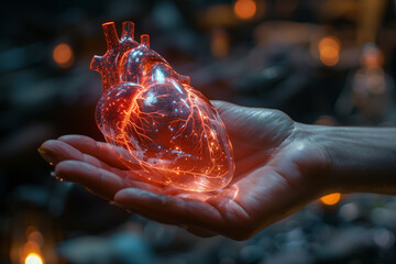 Hand holding virtual hologram heart shape with cardiogram. Concept of heart disease awareness campaign, cardiovascular health - obrazy, fototapety, plakaty