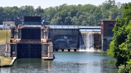 Canal Locks on Seneca Canal near Cayuga Finger Lake in New York State landscape countryside 