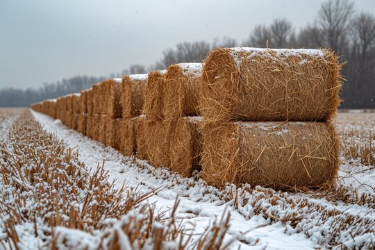Pile of bundles of hay on rural field during wintertime.