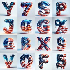 glass letters in color USA flag 3D Lettering Typeface. AI generated illustration
