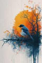 Harmony of Nature: Watercolor and Ink Artwork Showcasing a Bird Resting on a Tree, Its Composition Balanced with Delicate Brushstrokes, Evoking Peaceful Serenity Amidst Foliage.