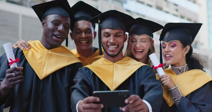 Group, students and graduation with selfie, achievement or social media with blog post, happiness or college. People, diversity or men with women, friends or cheerful with joy, university or excited