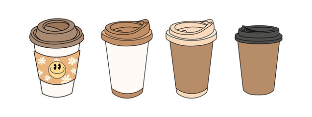 Hand drawn cute coffee cup collection vector, teacher coffee cup vector, groovy coffee cup illustration