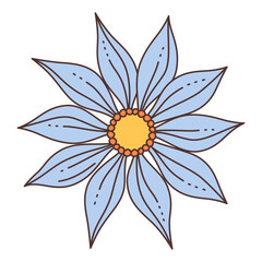 Blue flower. Doodle style isolated on white background. Spring summer seasons design element. Perfect For Poster Invitation Tshirt Print or Greeting Card. Trendy flat vector illustration 
