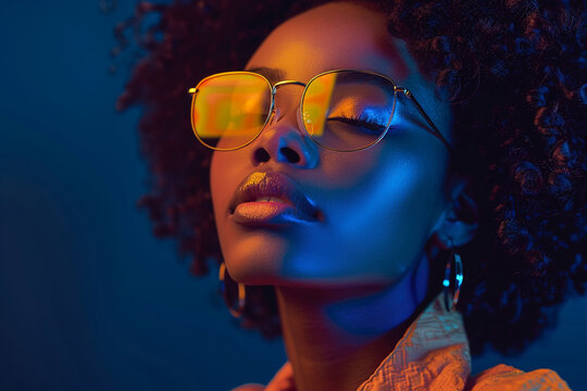 Close up portrait of young african woman man in sunglasses on dark background