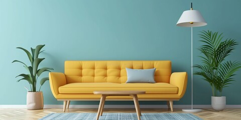 Contemporary illustration of a couch and coffee table set with wooden center table and standing lamp.
