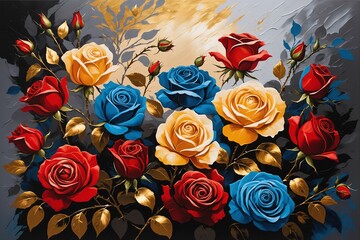 Rosen auf Leinwand. Gold, Schwarz, Blau, Rot und Grau. Schöner Hintergrund als Ölmalerei. - obrazy, fototapety, plakaty