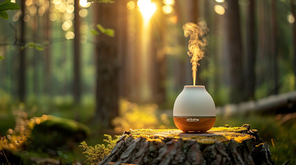 Aroma oil diffuser in the forest. Alternative medicine concept.