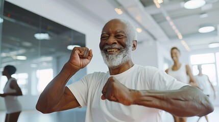 A black elderly man smiling and grooving to the beat during a lively Zumba session in a bright studio