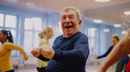 Senior man smiling and grooving to the beat during a lively Zumba session in a bright studio