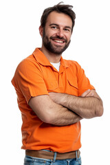 Portrait of a handsome young man in orange t-shirt, isolated on white background