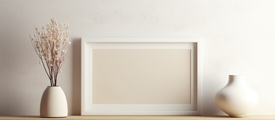 A white picture frame is placed on top of a wooden shelf in a small dorm room with two beds and a homemade rack in the middle.