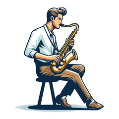 Naklejka premium Musician playing saxophone, music player performing solo, holding sax instrument in hands, man saxophonist, jazz and blues performance. Flat vector illustration isolated on white background