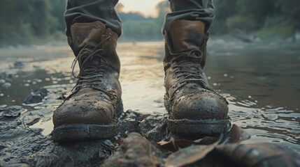 A closeup shot of a pair of worn leather boots covered in dust and mud standing at the edge of a riverbank. The peaceful waters flow peacefully hinting at the long and arduous