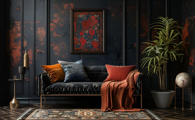 Vintage boho maximalist interior in dark colors. Shabby chic sofa with ornamental pillows and home plant. Oriental ethnic style.