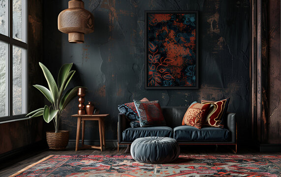 Vintage boho interior in dark colors. Shabby chic furniture with ornamental pillows and home plant. Oriental ethnic style.
