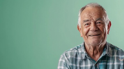 Elderly man smiling while remembering the past isolated on green background - obrazy, fototapety, plakaty