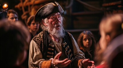 An elderly man dressed as a pirate telling spooky tales to a captivated audience