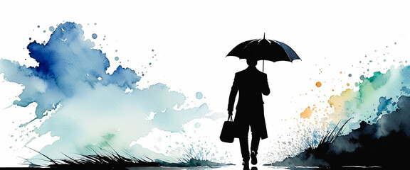 Black silhouette of a man walking with an umbrella. The back of a man wearing a suit. Landscape with bushes. Illustration in watercolor style. Abstract watercolor background with splashes.