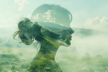 Outline of a woman head containing a serene landscape background, symbolizing the concept of inner...
