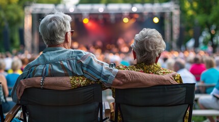 Senior couple swaying to the music and sharing a joyful moment together during an outdoor concert