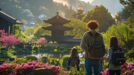 A family of tourists exploring a picturesque blooming garden during Golden Week taking in the stunning scenery and snapping photos. - obrazy, fototapety, plakaty
