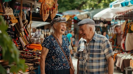 An elderly couple sharing a laugh while browsing artisanal crafts at a charming market