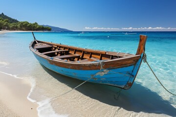 Naklejka na ściany i meble Cruise by boat through the picturesque landscapes of Thailand, exploring turquoise waters, lush greenery and sandy shores
