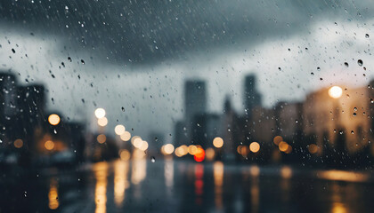 Abstract background with rain drops on window glass. Blurred night city with light. - obrazy, fototapety, plakaty