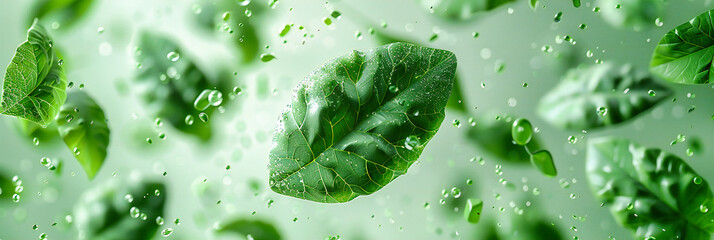 Vivid Green Leaves with Water Drops, Textured Background of Freshness and Nature