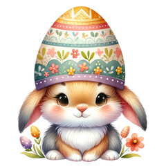 Enchanting Illustration of a Cute Bunny Popping Out of a Speckled Egg with Floral Hat