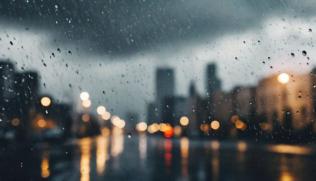 Abstract background with rain drops on window glass. Blurred night city with light.