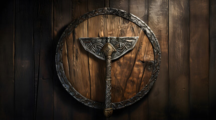 Rustic Symbols Of Protection And Combat: An Ancient Axe And Shield Against A Neutral Backdrop